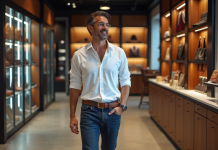 Marque Chaps : évolution et rebondissement significatifs en 2025 Homme élégant en boutique de mode urbaine