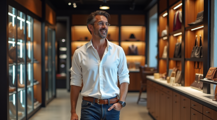 Homme élégant en boutique de mode urbaine