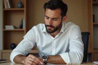 Homme examinant attentivement une montre personnalisable dans un bureau moderne en bois, style éditorial réaliste