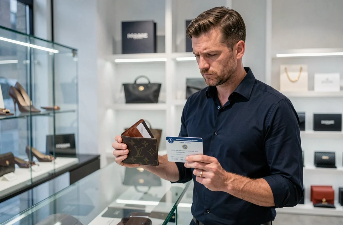 Homme comparant un portefeuille monogramme Louis Vuitton avec une carte d'authenticité dans une boutique de revente de luxe