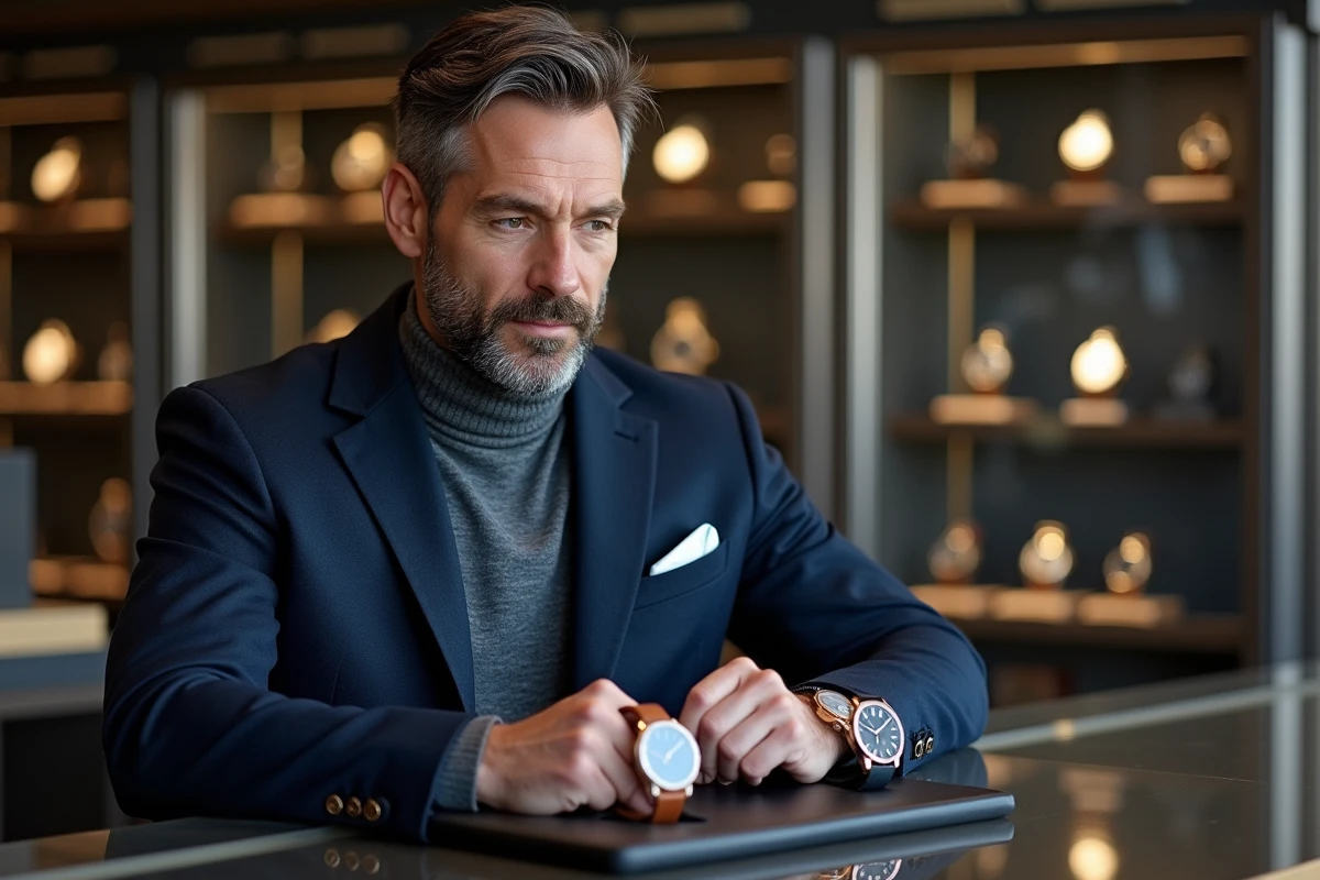 Homme élégant comparant deux montres personnalisables dans une boutique horlogerie haut de gamme