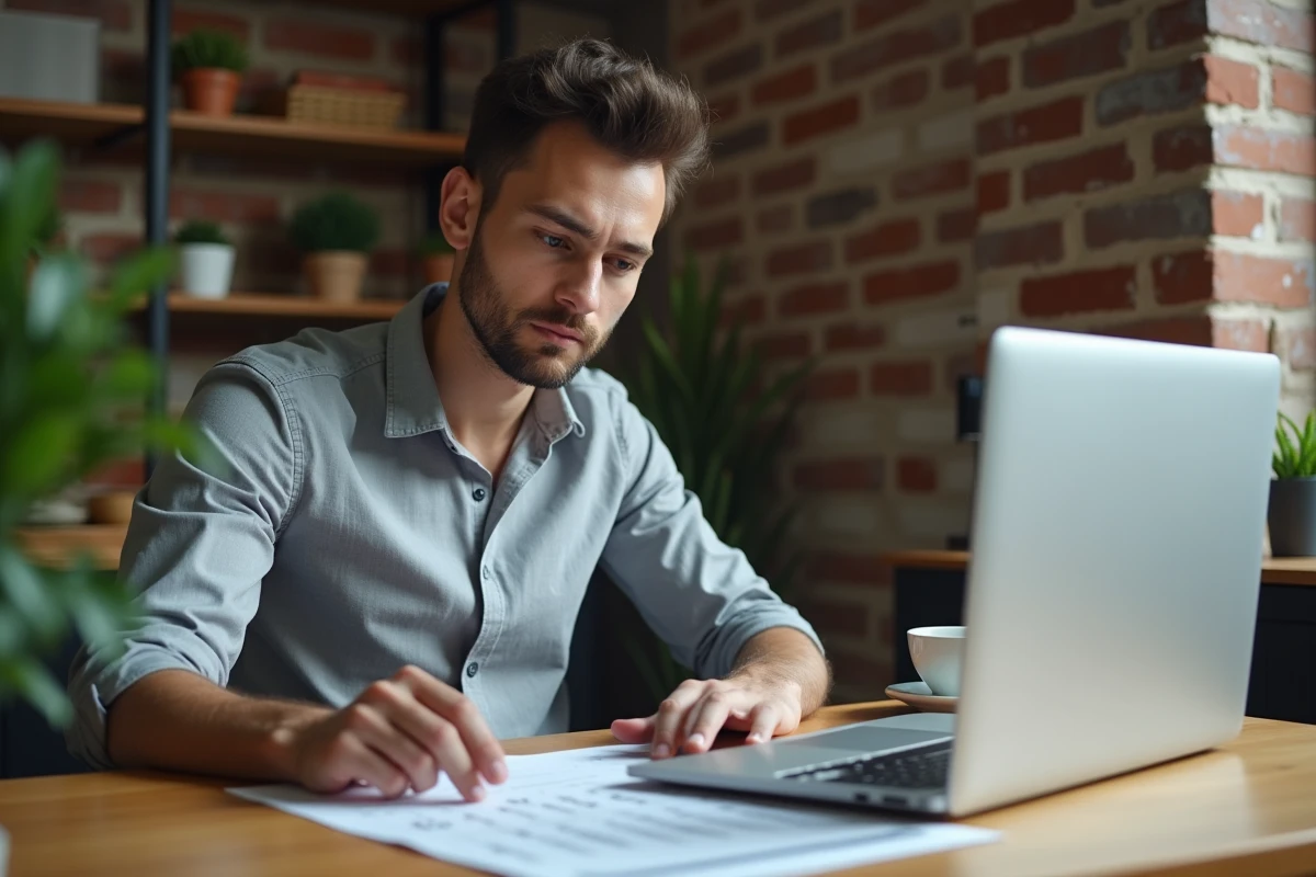 Homme consultant un guide des tailles Uniqlo sur ordinateur portable à son bureau à domicile
