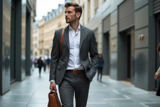 Homme en costume gris anthracite portant une sacoche en cuir tan en bandoulière dans un environnement urbain moderne