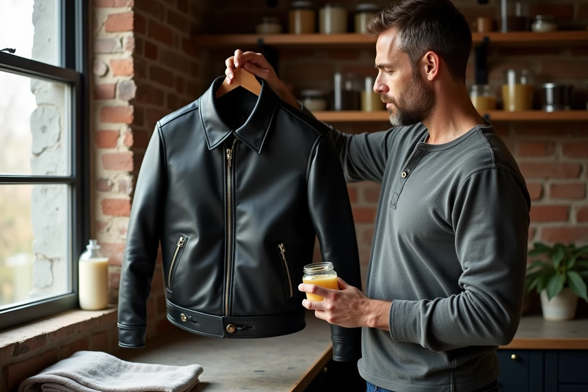 Homme inspectant un blouson en cuir noir et tenant un pot d'huile de coco pour l'entretien naturel du cuir