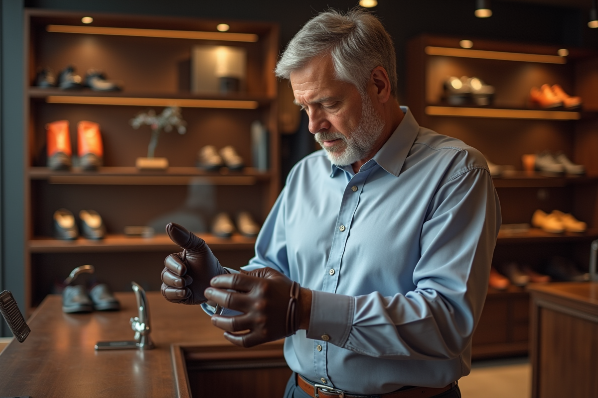 Homme essayant des gants en cuir dans une boutique élégante
