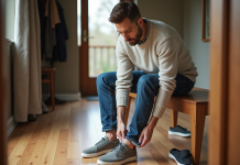 Homme d'âge moyen insérant une semelle dans une chaussure à la maison