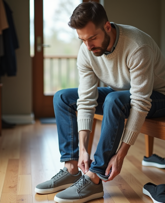 Homme d'âge moyen insérant une semelle dans une chaussure à la maison