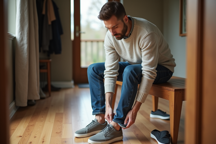 Homme d'âge moyen insérant une semelle dans une chaussure à la maison