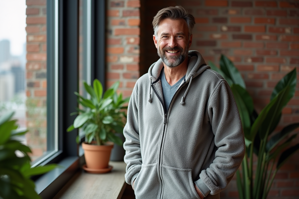 Homme en piloupilou dans un loft urbain lumineux