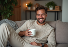Les tendances pilou-pilou pour homme à adopter cette saison Homme souriant en piloupilou dans un salon moderne