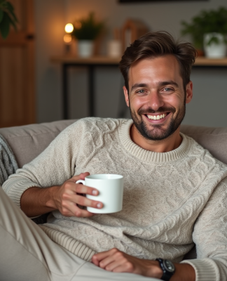 Homme souriant en piloupilou dans un salon moderne
