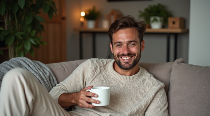 Homme souriant en piloupilou dans un salon moderne