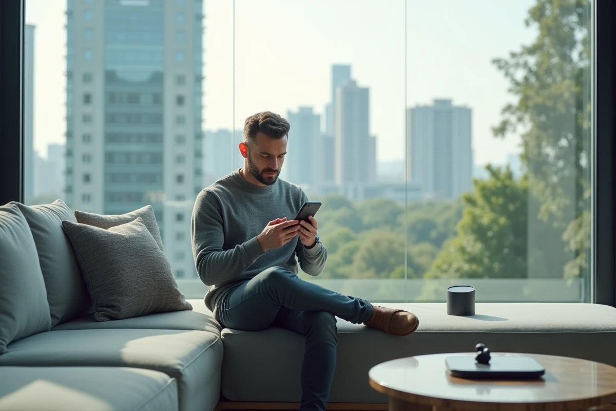Homme moderne en 2026 utilisant un smartphone pliable dans un appartement minimaliste avec vue urbaine et technologie connectée