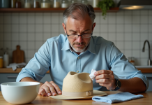 Éliminez la sueur d’un chapeau : astuces efficaces et pratiques Homme nettoyant un chapeau en paille beige à la maison