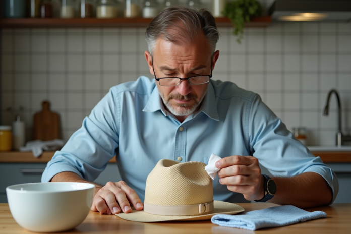 homme-nettoyage-chapeau-feutre Homme nettoyant un chapeau en paille beige à la maison