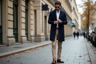 Homme élégant en manteau bleu à Paris en automne