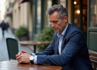 Homme d'âge moyen en costume à Paris regardant sa montre