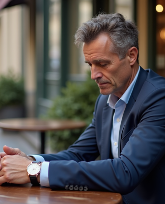 Homme d'âge moyen en costume à Paris regardant sa montre