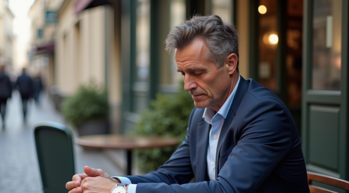 Homme d'âge moyen en costume à Paris regardant sa montre