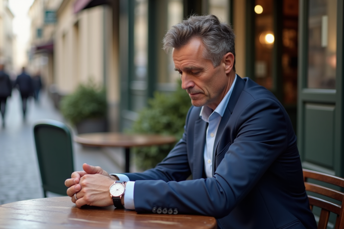 homme-paris-cafe-montre Homme d'âge moyen en costume à Paris regardant sa montre