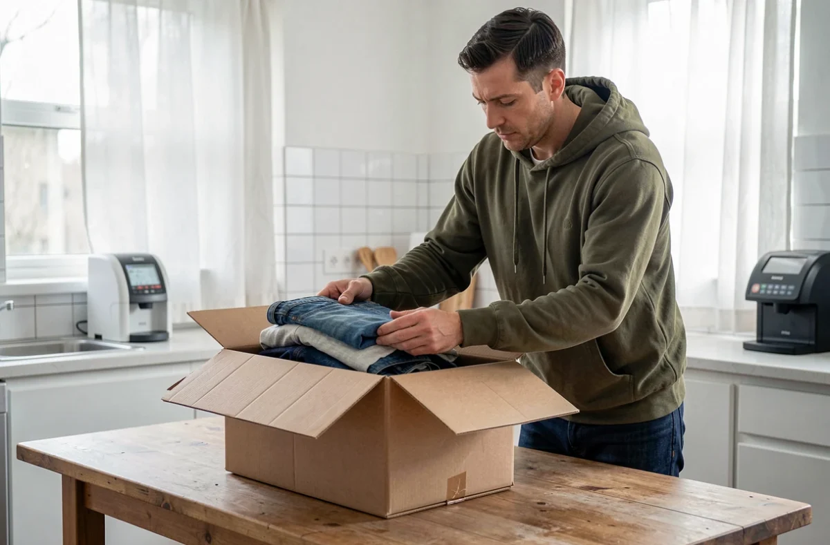 Homme préparant un colis de vêtements d'occasion à expédier via Vinted pendant le week-end