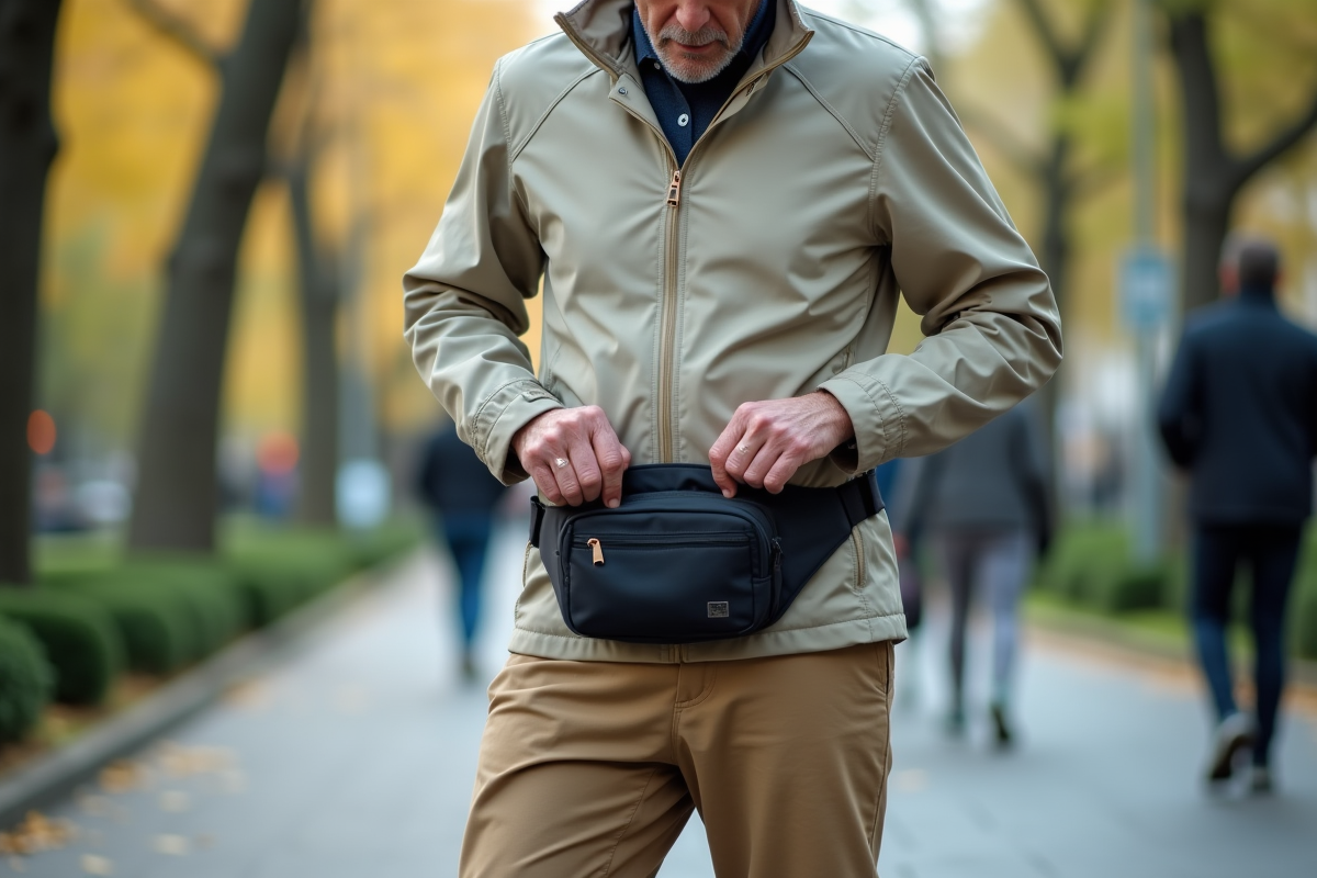 Homme ajuste son sac banane en plein air dans un parc urbain