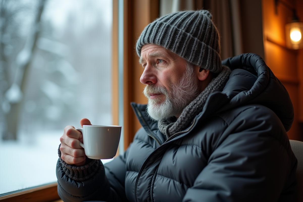 Homme en veste technique buvant du thé près d