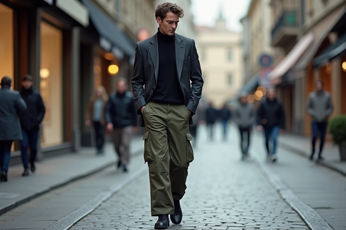 Homme stylé portant des sneakers Balenciaga Defender dans une rue pavée urbaine, expression ironique assumant la mode controversée