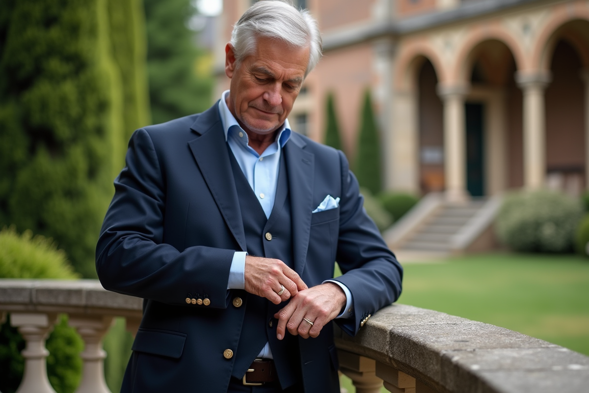 Homme en costume ajusté ajustant ses accessoires