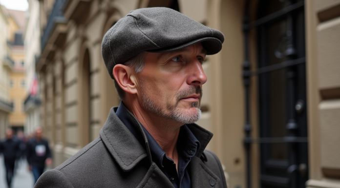 Homme d'âge moyen portant un béret en laine et manteau élégant