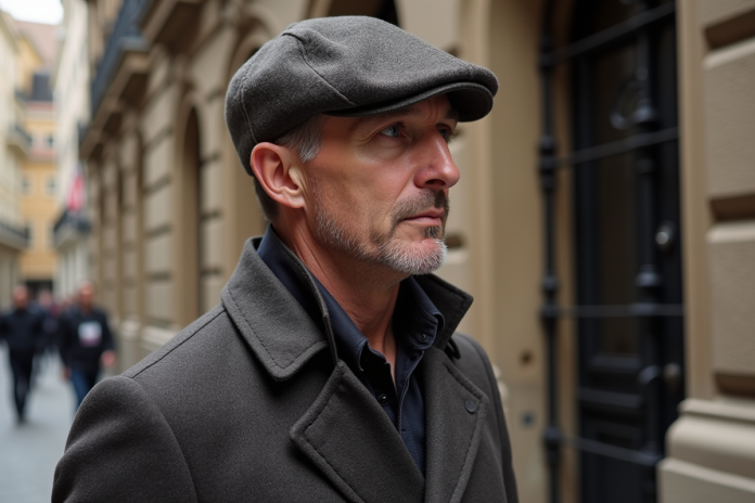 Homme d'âge moyen portant un béret en laine et manteau élégant