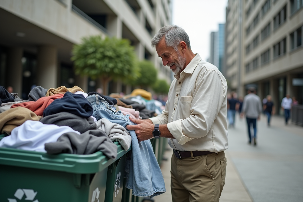 Homme triant des vêtements recyclés dans une ville