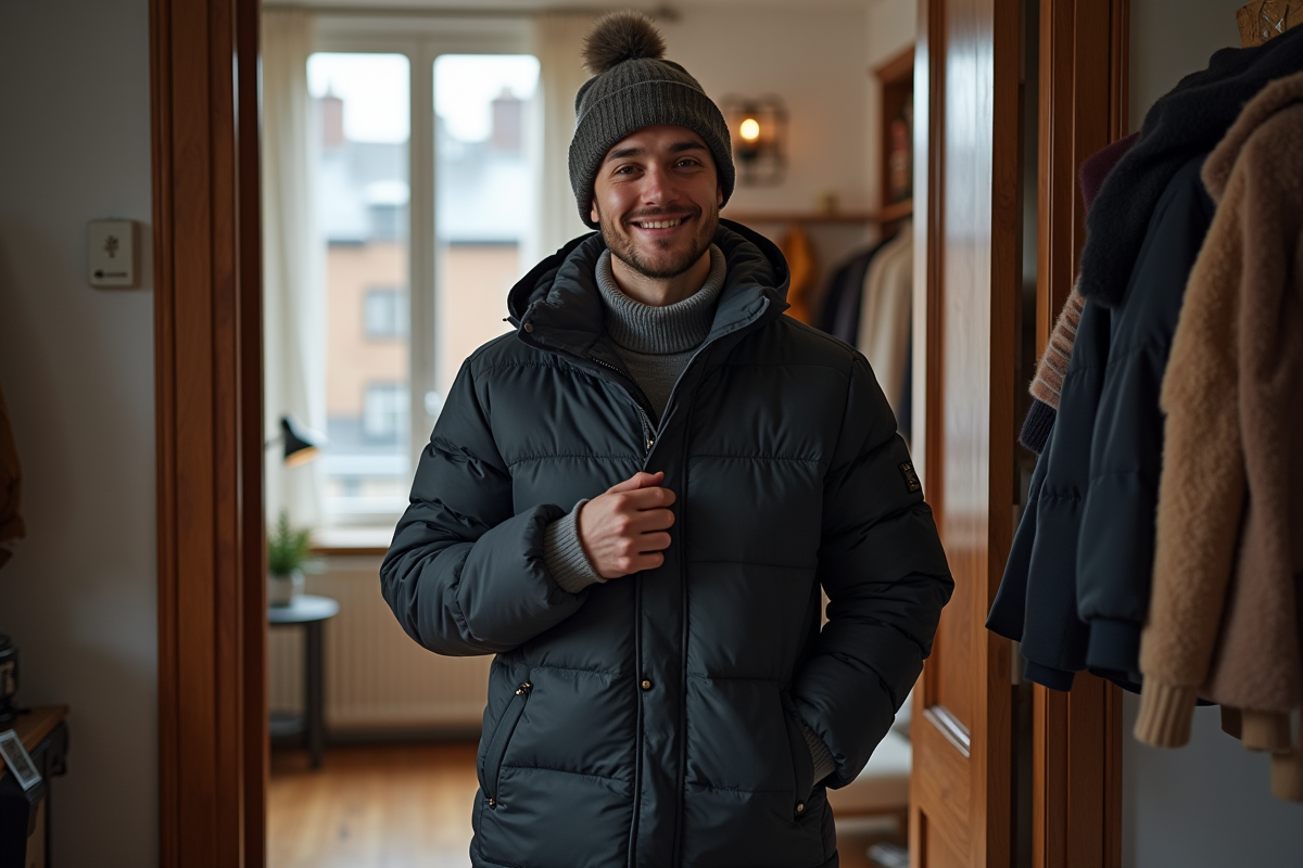 Homme souriant en manteau chaud dans un appartement cosy