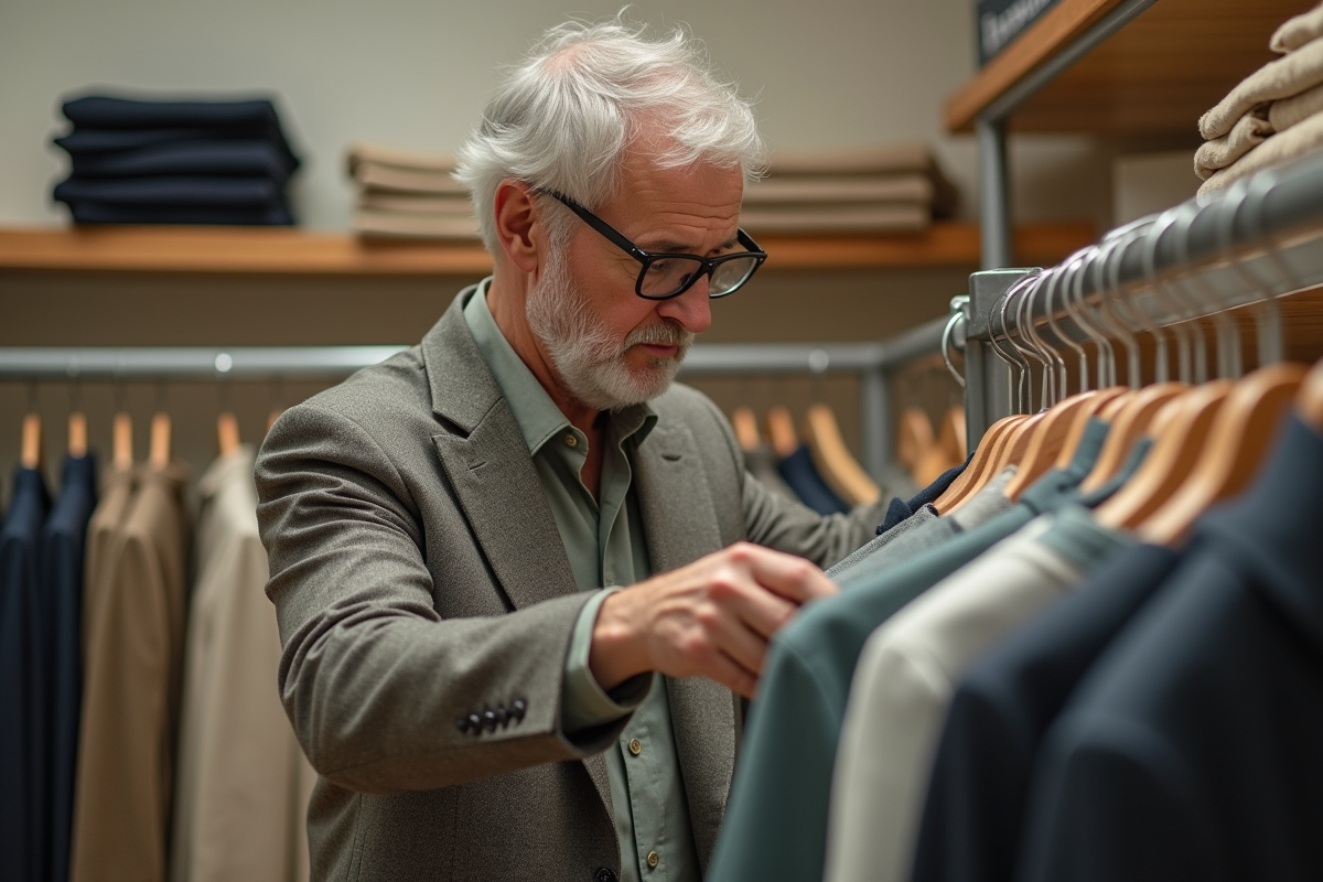 Homme inspectant des vetements durables en boutique
