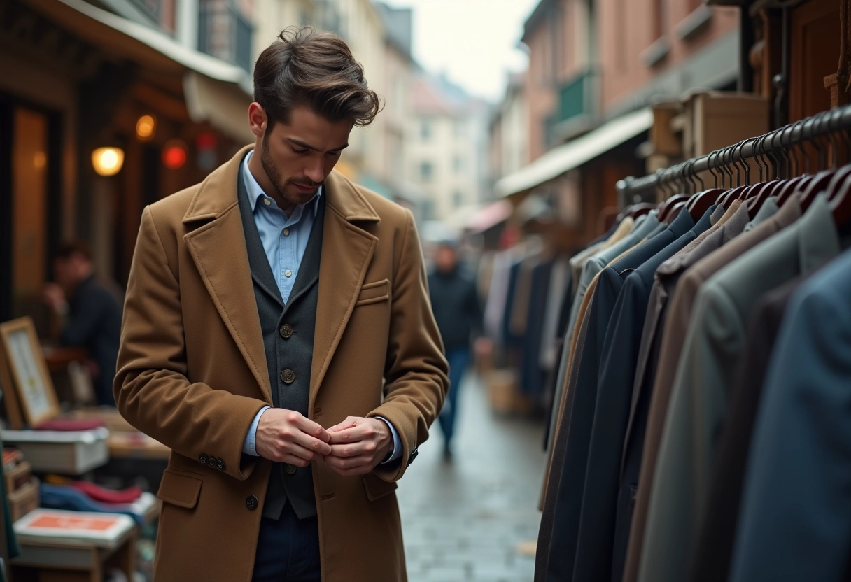 Jeune homme inspecte une veste dans un marché vintage en plein air