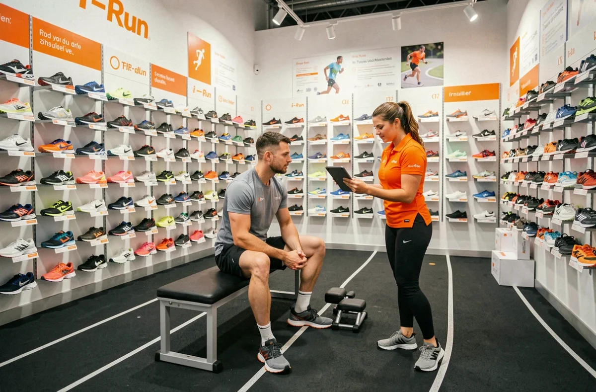 Intérieur d'i-Run Lille Euralille avec mur de chaussures de running et analyse de foulée d'un client par un conseiller spécialisé