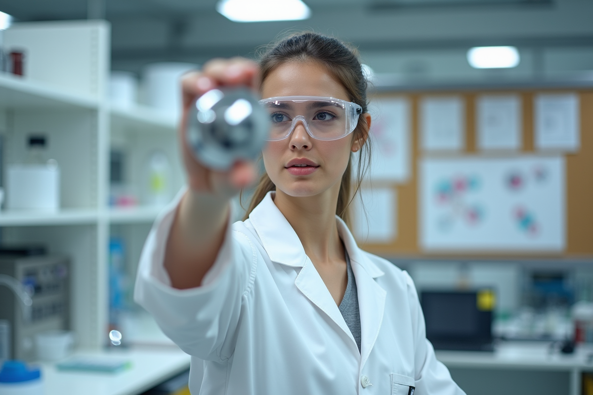 Jeune ingénieure examinant un composant chromé en laboratoire