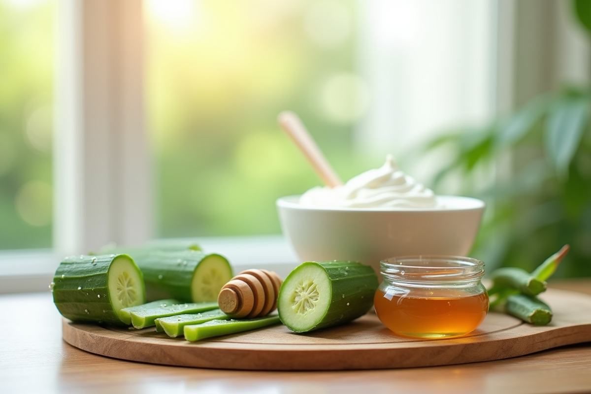 Ingrédients naturels pour soins de la peau comme concombre aloe vera miel