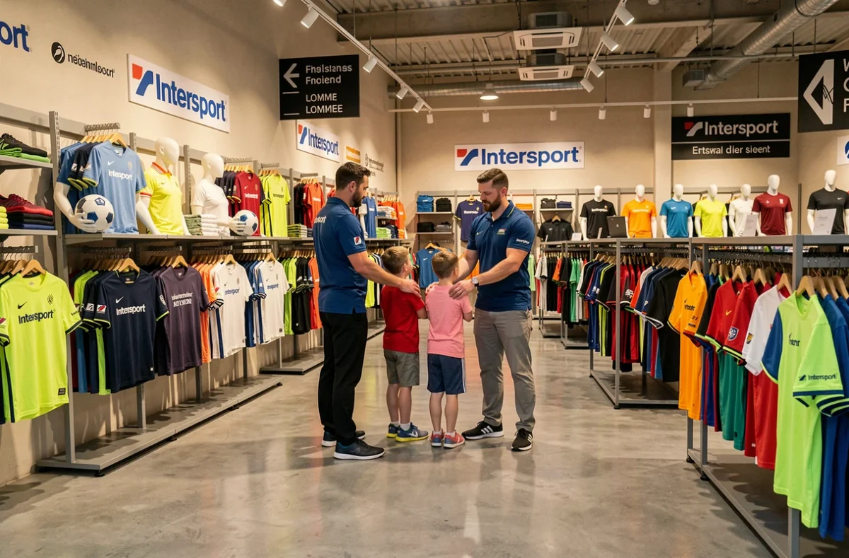 Intérieur de l'Intersport Lille Lomme avec rayons de sport bien organisés et vendeurs en uniforme aidant des clients