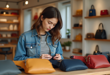 Jeune femme examine des sacs banane en magasin
