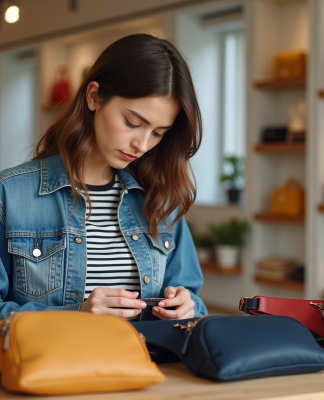 Jeune femme examine des sacs banane en magasin