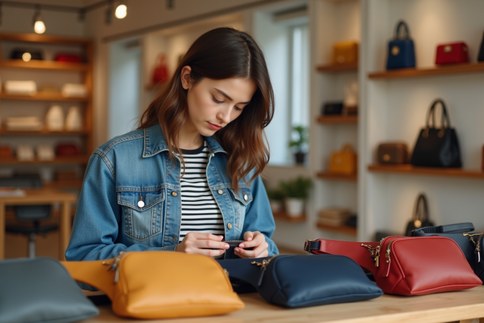 Jeune femme examine des sacs banane en magasin