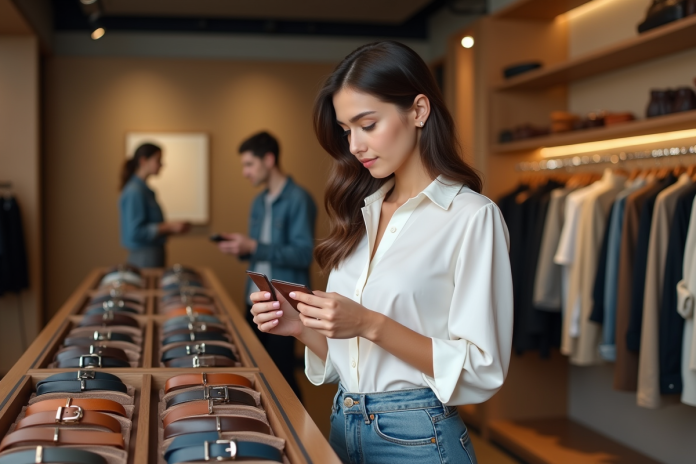 Jeune femme examine des ceintures en boutique de mode