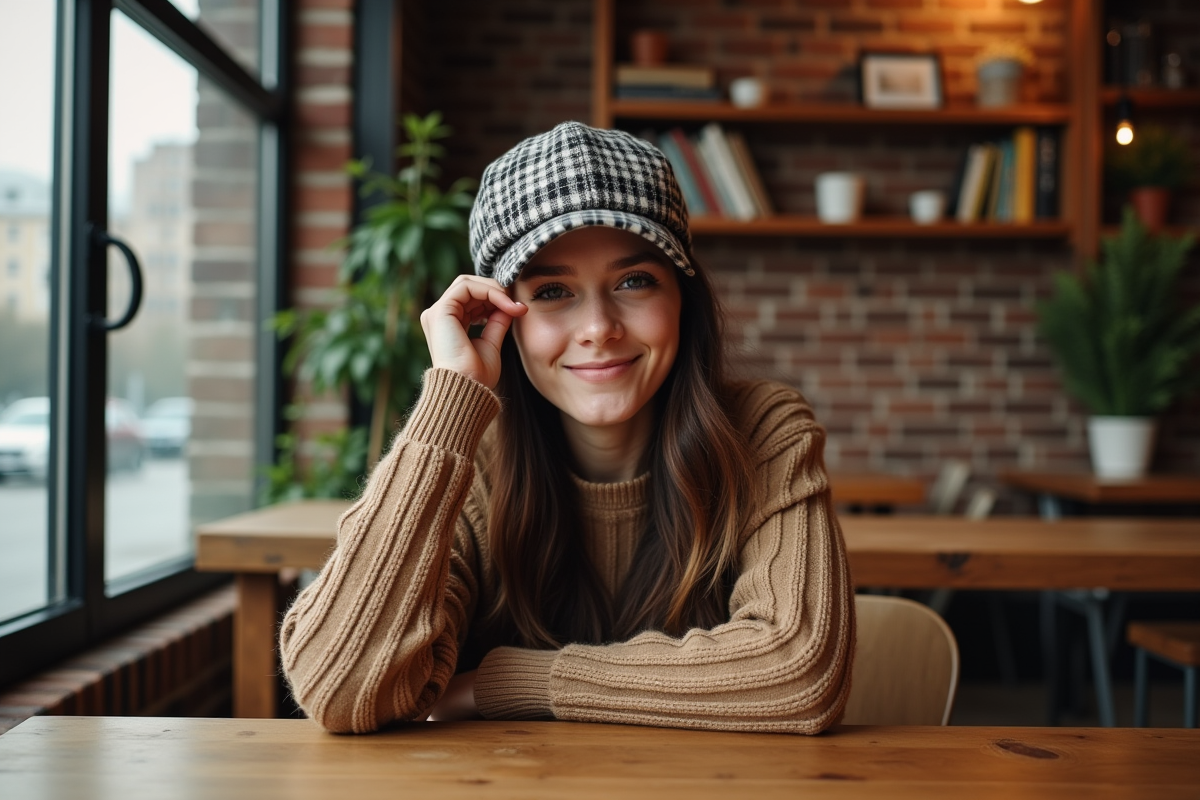 Jeune femme souriante portant un béret à carreaux dans un café chaleureux