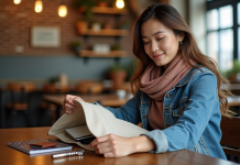 Jeune femme dans un café vide avec sac en toile sur la table