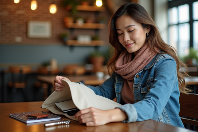 Jeune femme dans un café vide avec sac en toile sur la table