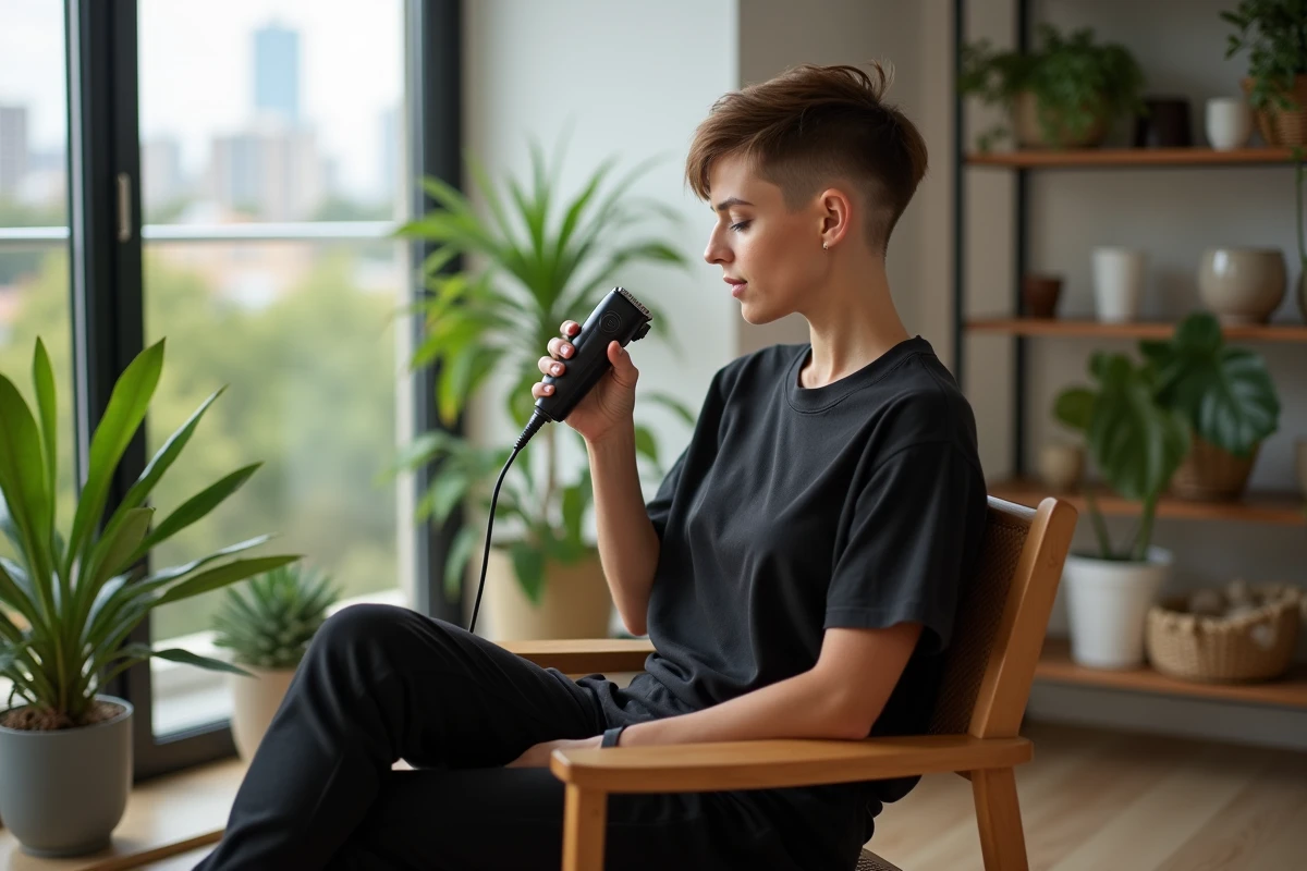 Jeune femme se coiffant avec tondeuse dans salon lumineux