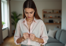 Problèmes avec la marque Zara : analyse et solutions pour consommateurs Jeune femme inspectant une couture sur sa chemise dans un intérieur moderne