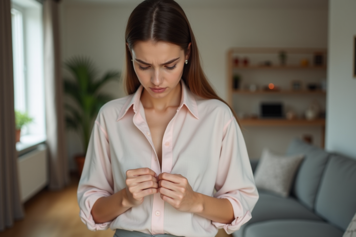 Jeune femme inspectant une couture sur sa chemise dans un intérieur moderne