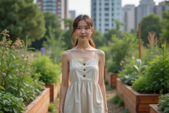Jeune femme dans un jardin urbain avec plantes vertes